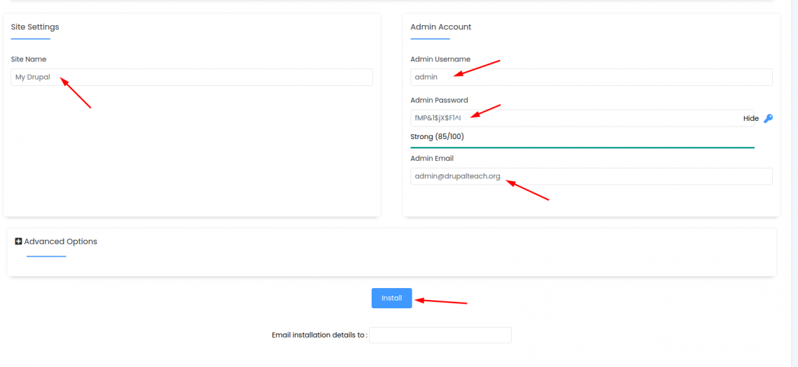 Drupal Cpanel installation set site name and administrator